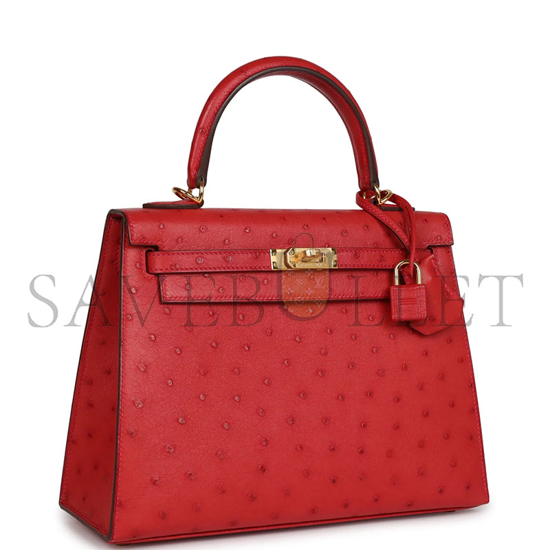 HERMÈS MASTER KELLY SELLIER 28 ROUGE VIF VERSO OSTRICH GOLD HARDWARE (28*22*10cm)